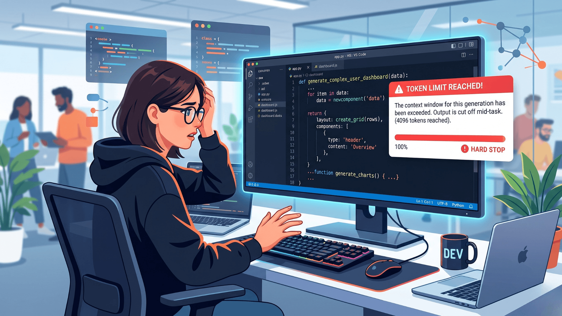 Developer workflow interrupted by a token limit reached warning mid-task.